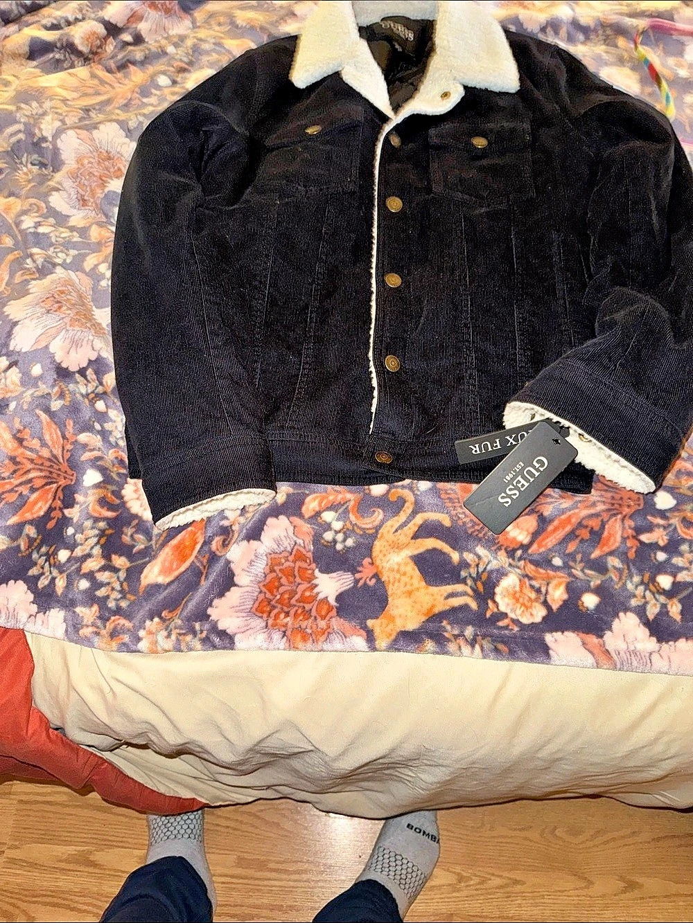 Guess Black Corduroy Sherpa Collar Trucker Jacket